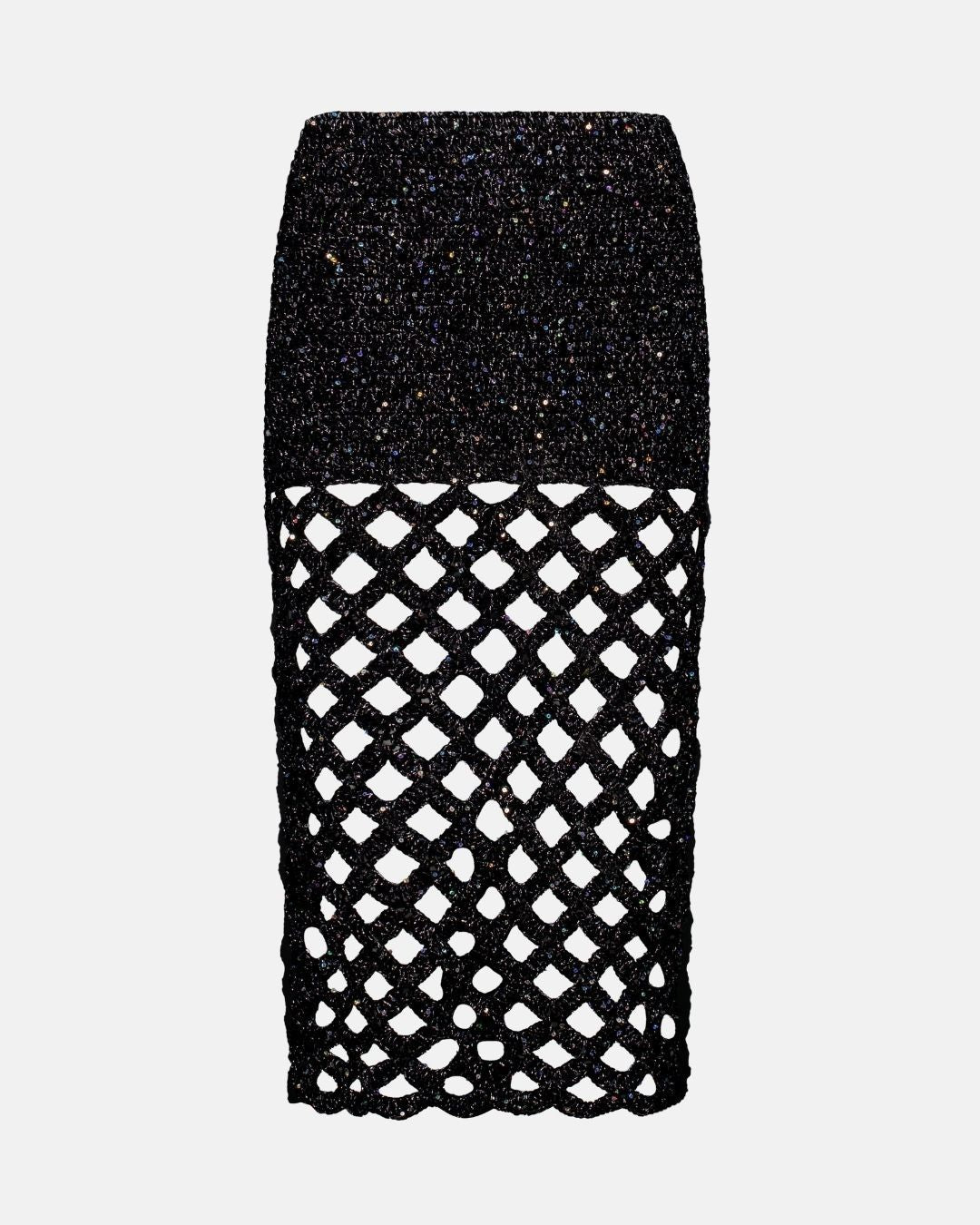 Studio packshot of the Apple Pie set, featuring a hand-crocheted black halter top and matching maxi skirt with shimmering tonal sequins.