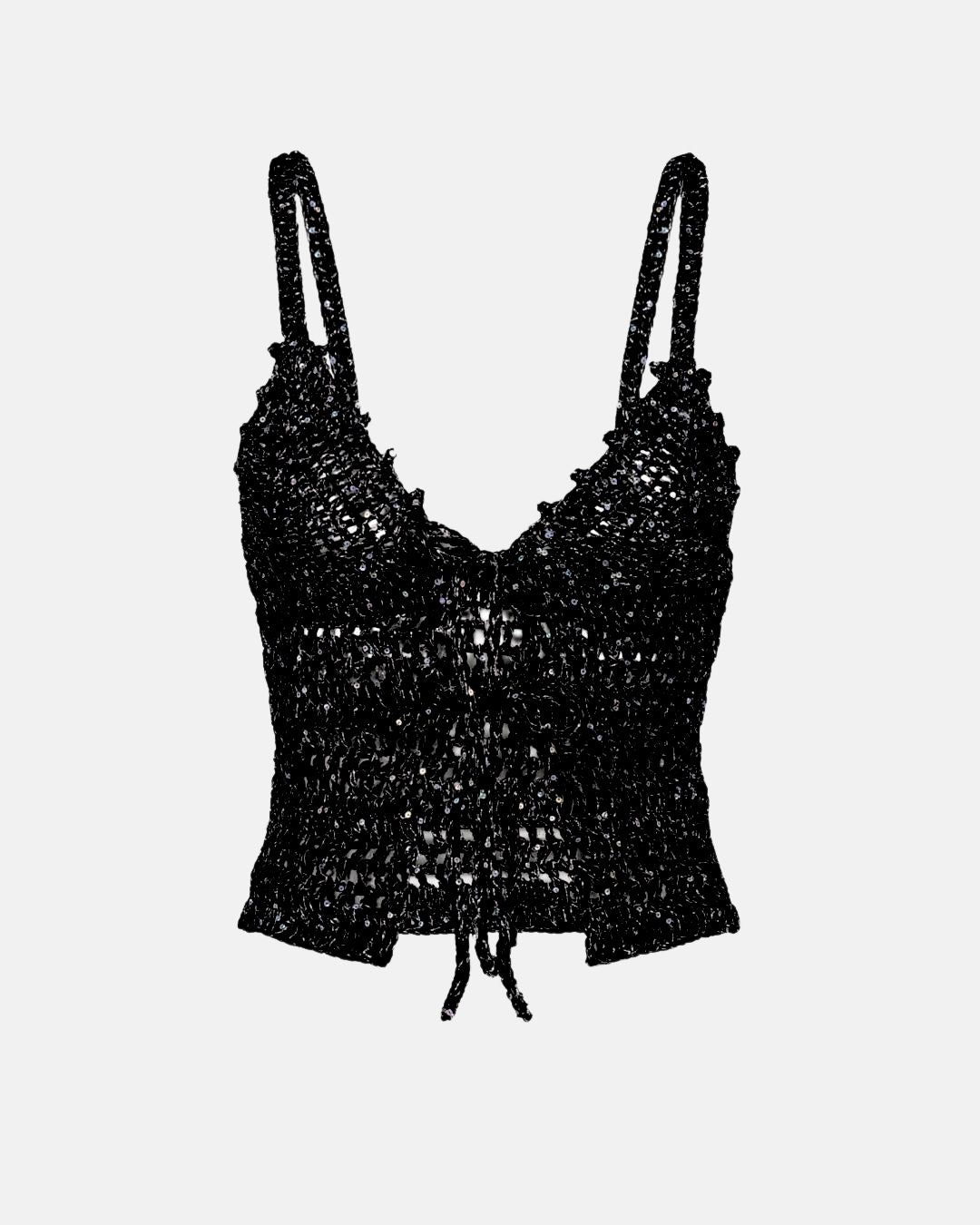 Close-up packshot of the Apple Pie black crochet top, highlighting the diamond-shaped weave and the subtle shimmer of integrated micro-sequins.
