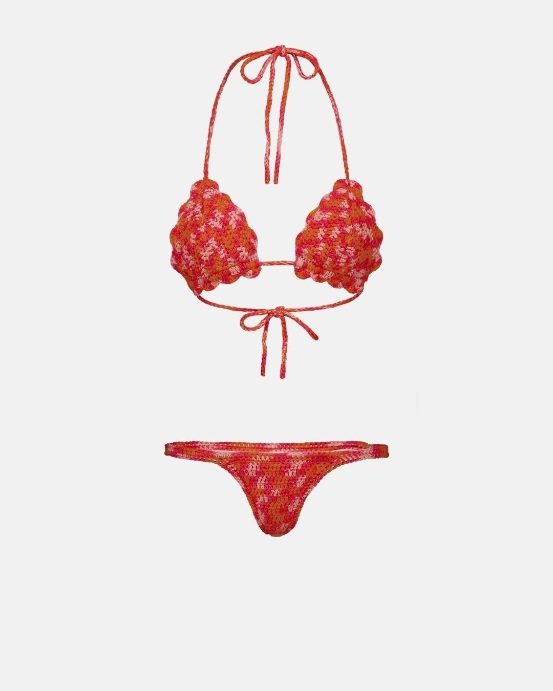 A studio flat lay of the Fizz crochet bikini set in vibrant orange and pink, showing the shell-shaped triangle top and matching bottoms.