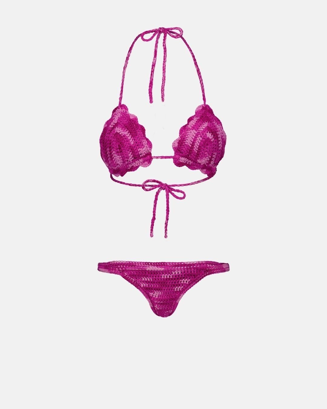 two-piece hand-crafted magenta pink crochet bikini set from the sun-drenched collection. featuring a swirling light pink pattern, scalloped edges, and adjustable tie-strings on a neutral grey background.