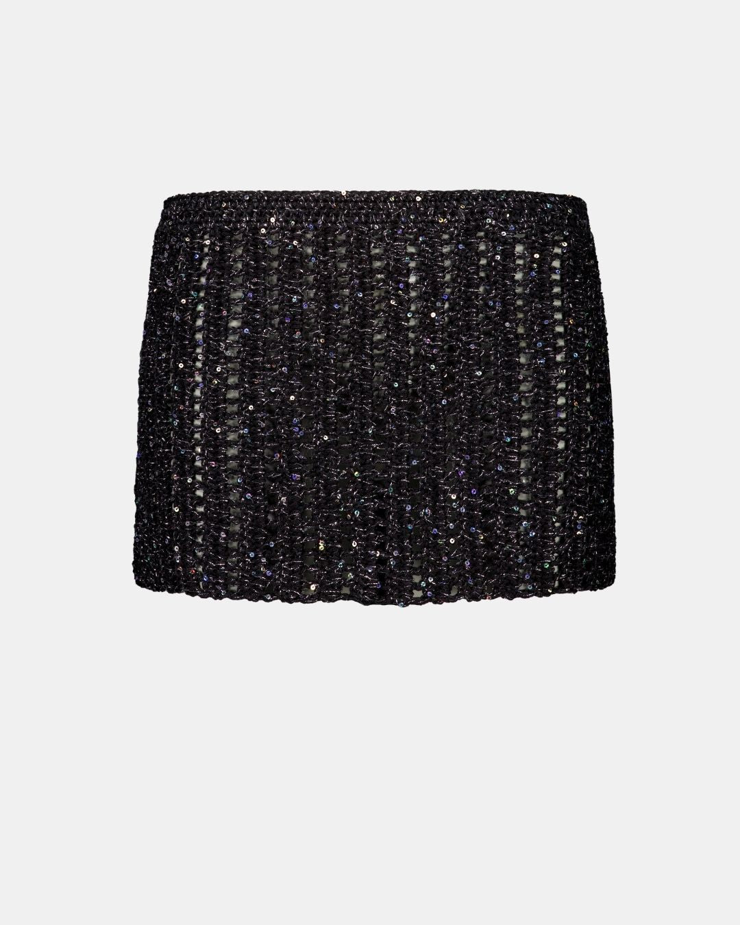 Packshot of the matching Lila open-knit crochet mini skirt with side-tie waist and sparkling sequin details.
