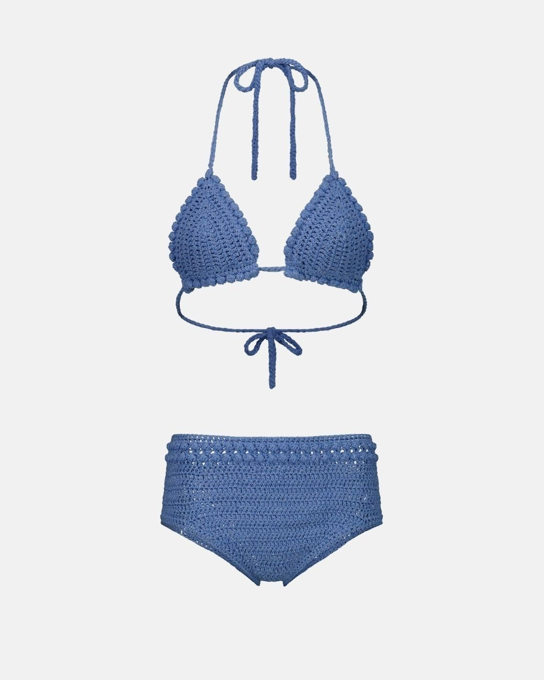 A studio flat lay of the Pompom high-waisted crochet bikini set in shimmering sky blue lurex, showing the triangle top and high-waist bottoms with bobble edging.