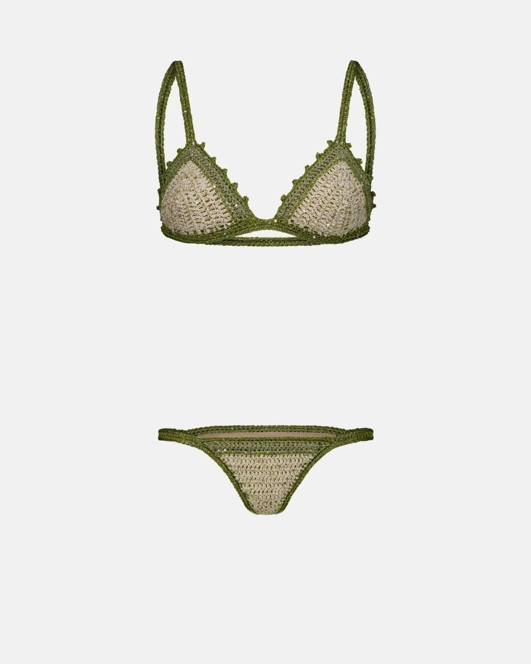 A studio flat lay of the Sicily crochet bikini set in olive green and cream, showcasing the scalloped triangle top and matching bottoms.