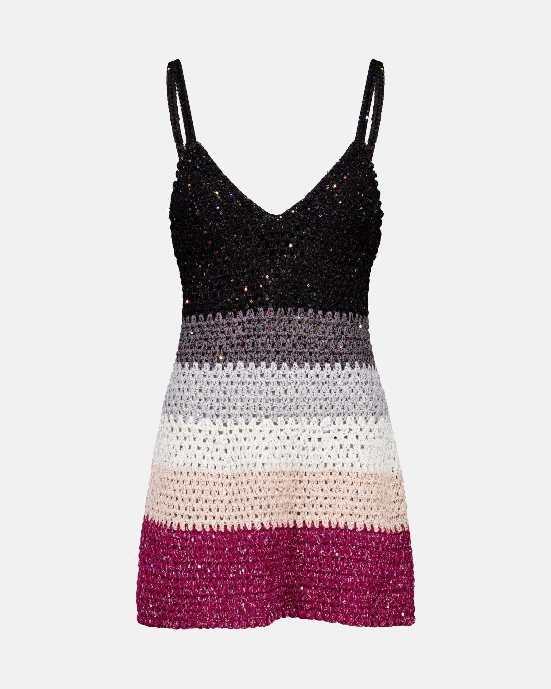 Studio product shot of the Sienna multi-color crochet dress against a white background, highlighting the black, grey, white, and burgundy stripe sequence.
