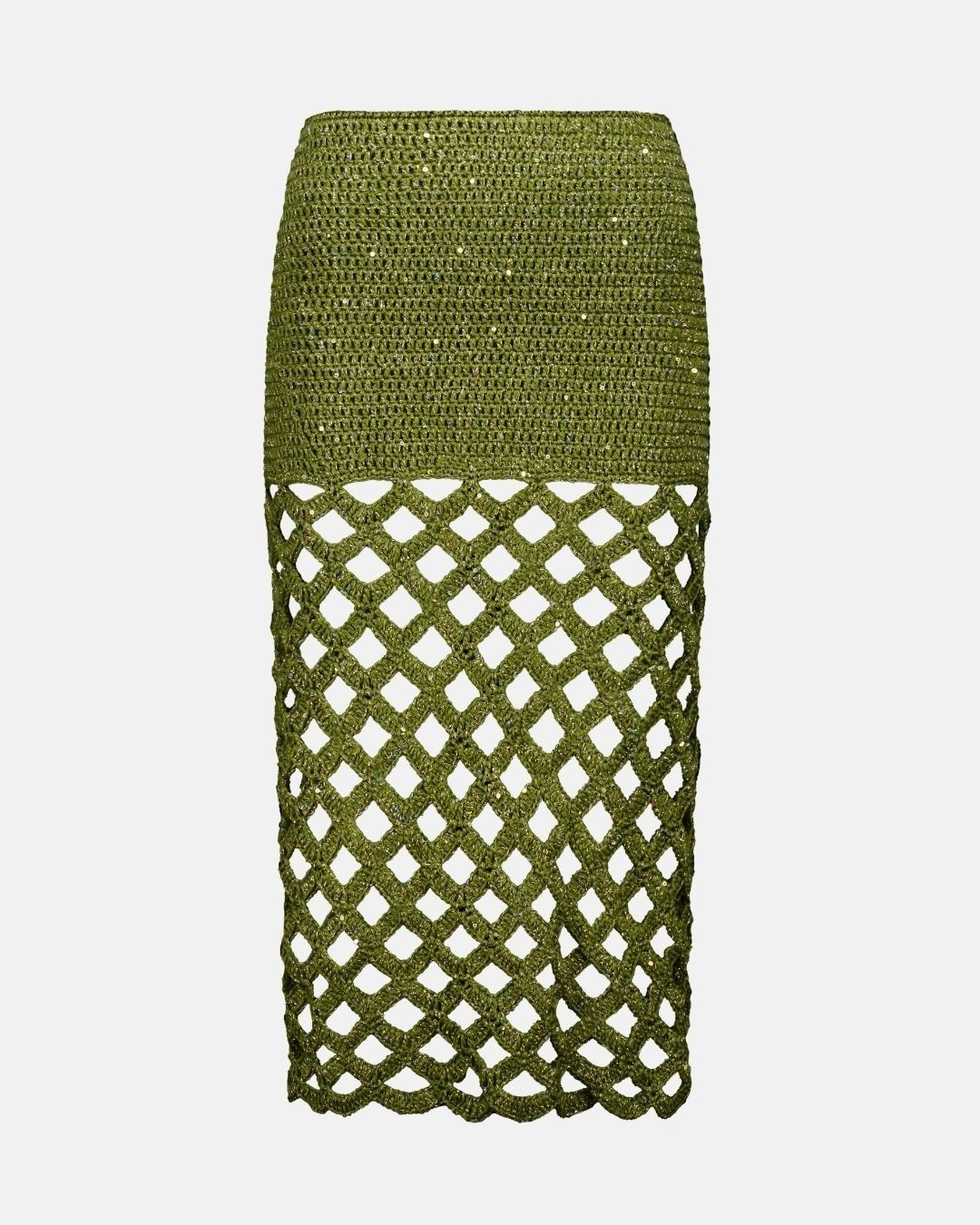A studio front view of the Apple Pie crochet maxi skirt in olive green, featuring a dense knit top and an open-work lattice bottom adorned with shimmering sequins.
