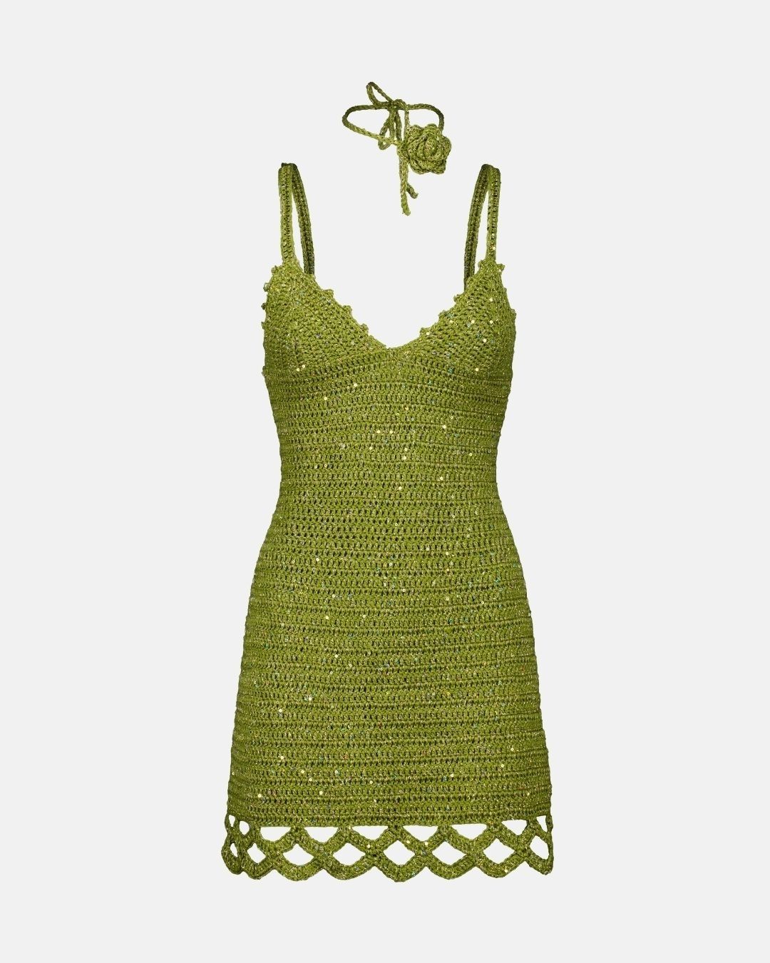 A studio front view of the Apple Pie crochet mini dress in an olive-gold hue, adorned with shimmering micro-sequins and an open lattice hem.