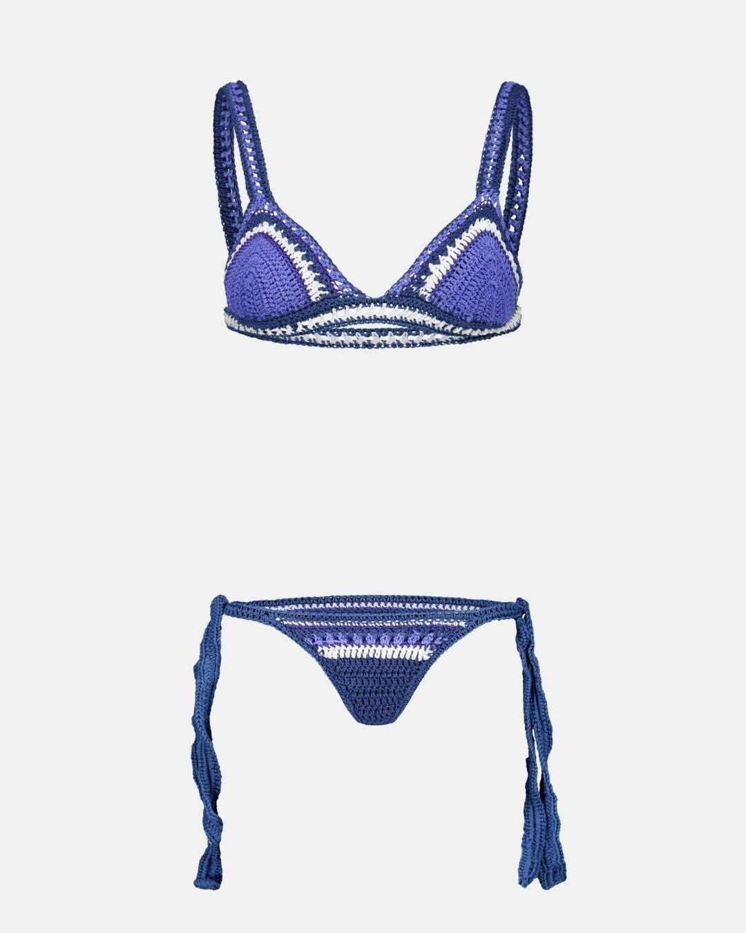 Professional studio packshot of the Bianca hand-crocheted bikini set. The triangle top and side-tie bottoms feature a vibrant blue and white granny square pattern, meticulously hand-stitched for a luxury artisanal look.
