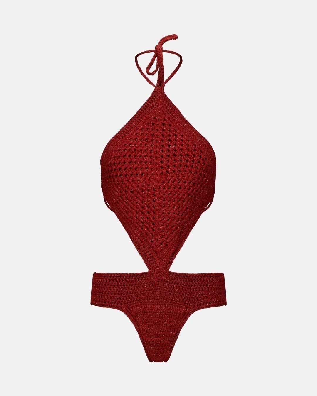 Packshot of the Brune copper crochet cut-out swimsuit with Lurex details and diamond bodice.