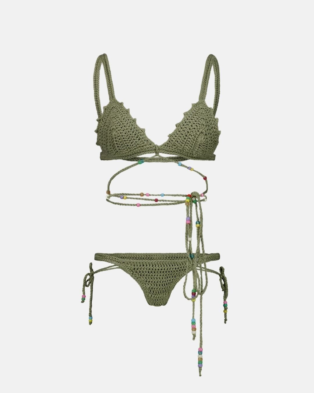 Studio packshot of the Candy hand-crocheted bikini in Sage Slate. Shows the triangle top and bottoms with multicolor beads on the ties.