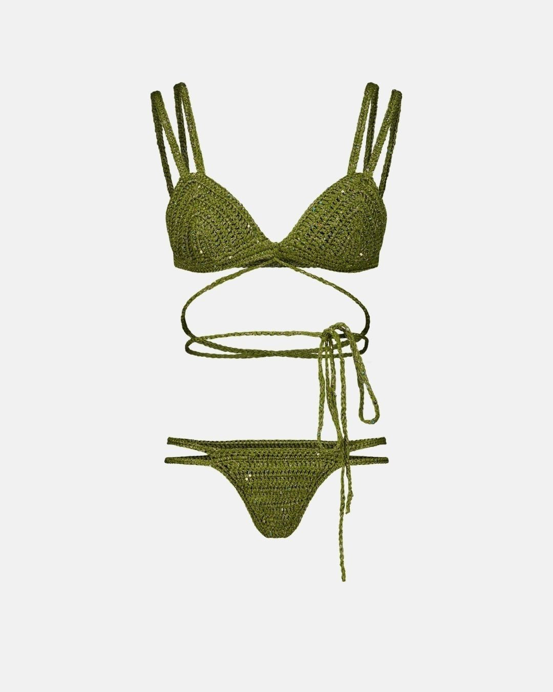 A studio flat lay of the Lila crochet bikini in olive green and gold, showing the wrap-around top with long ties and the multi-strap bottoms.