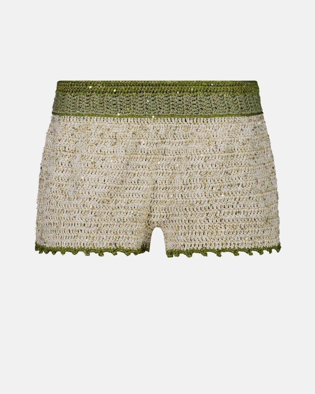 a front-view packshot of the hand-crafted sicily crochet shorts. featuring an olive green waistband, a cream-colored body woven with shimmering golden micro-sequins, and a delicate scalloped olive trim on a neutral grey background.
